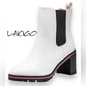 LAICIGO Womens Chelsea Ankle Boots Slip on Chunky Block Mid Heel Leather